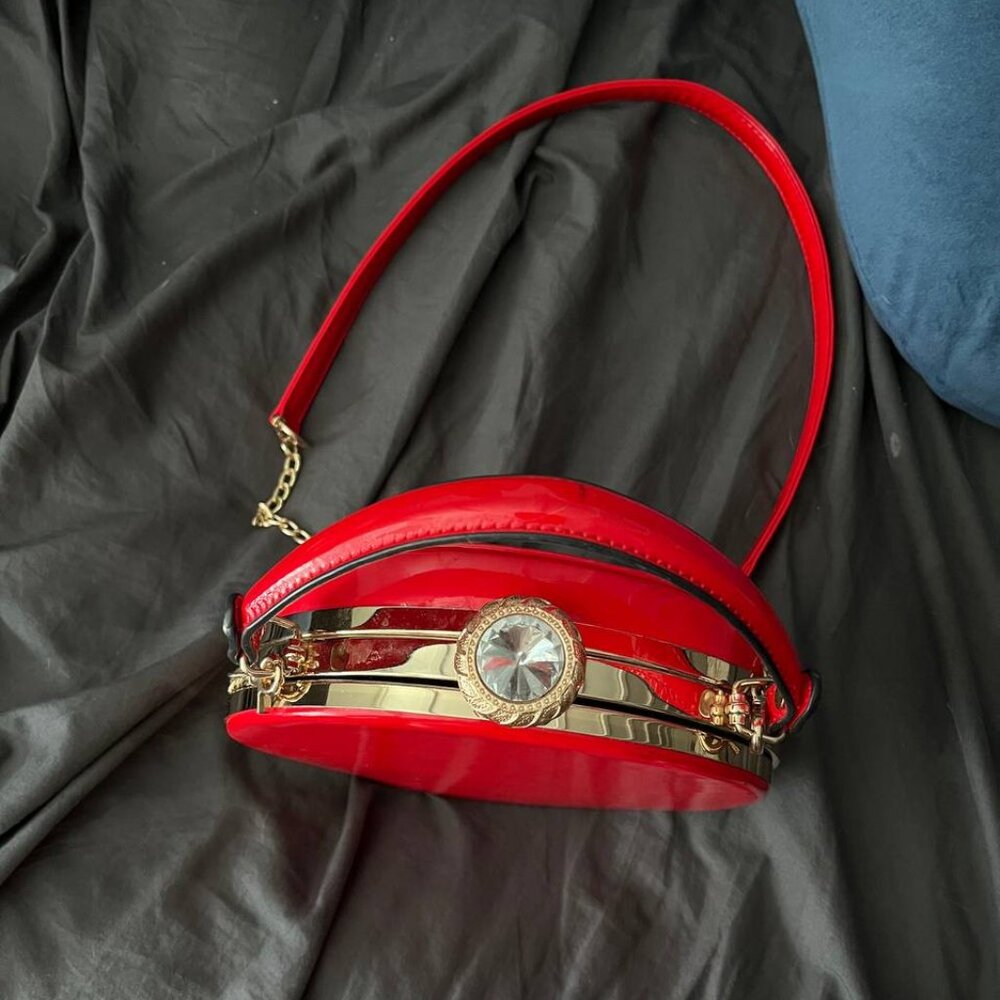 Red Patent Round Clutch Bag Top Handle Evening Purse Gold Hardware